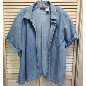 Vintage Bill Bass Blue Denim Short Sleeve Button Up Top Size 3X Pocket Cotton
